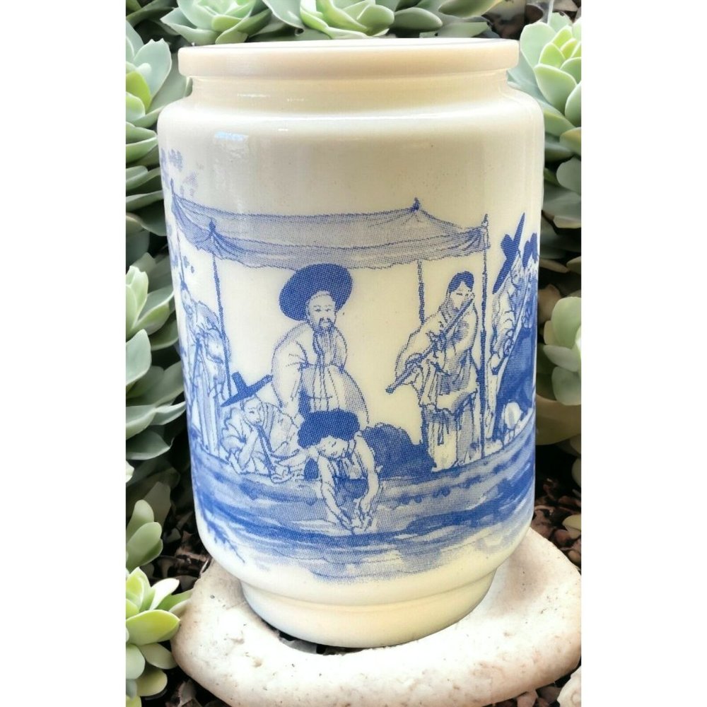 Milk Glass Apothecary Jar Asian Boat Scene Vase Vintage Blue and White Belgium